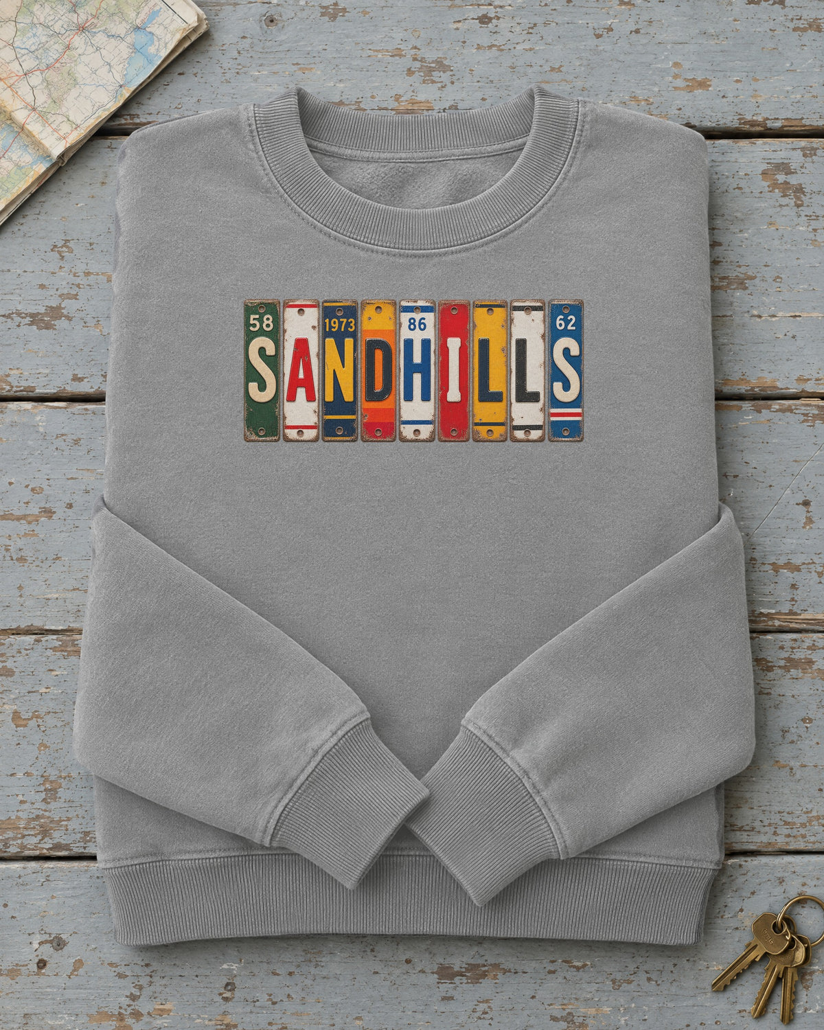 Sandhills, Nebraska vintage license plate sweatshirt in Grey