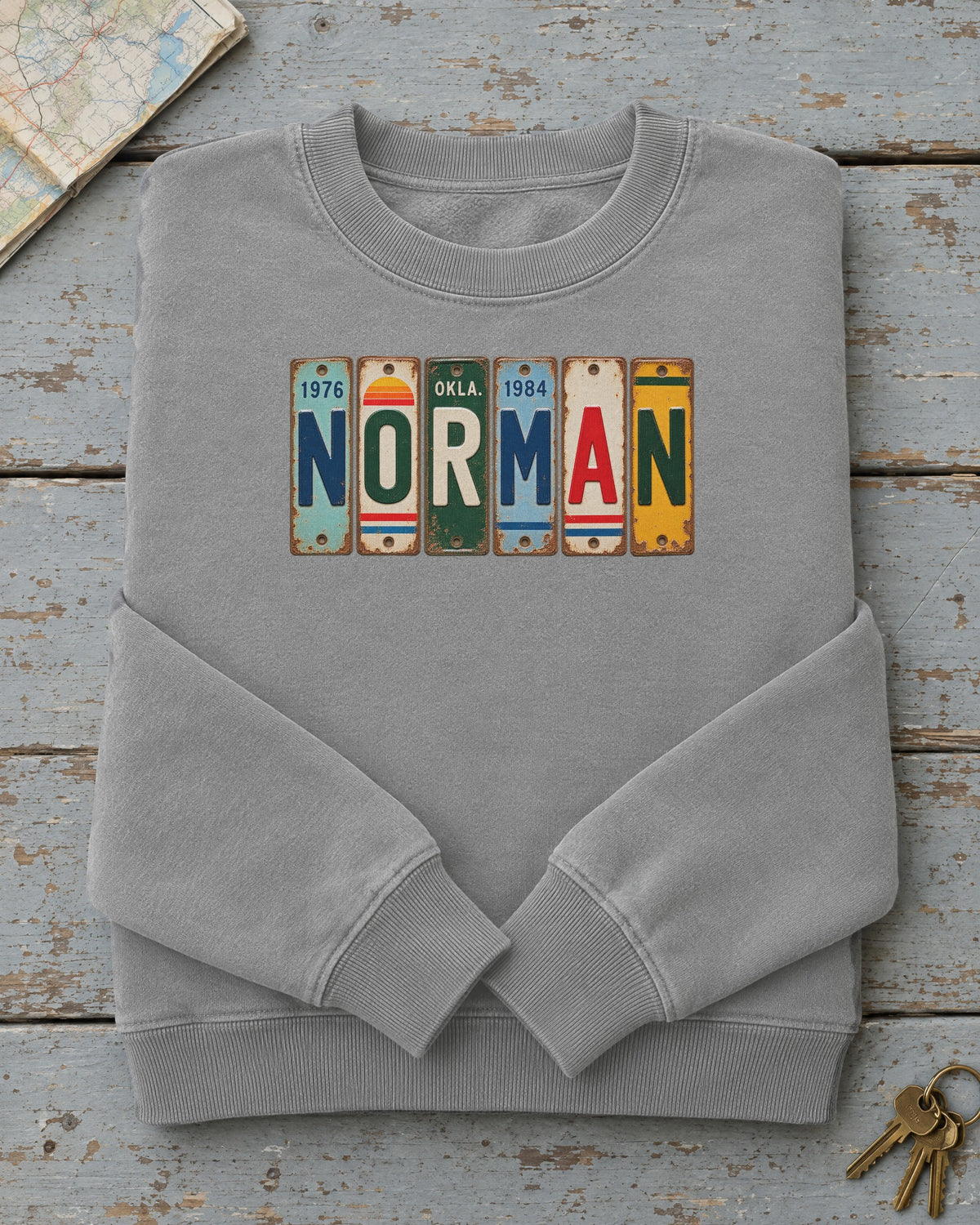 Norman, Oklahoma vintage license plate sweatshirt in Grey