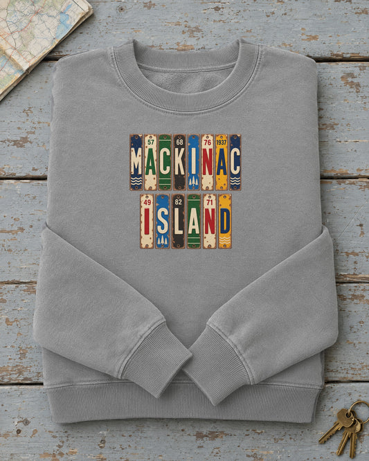 Mackinac Island, Michigan vintage license plate sweatshirt in Grey