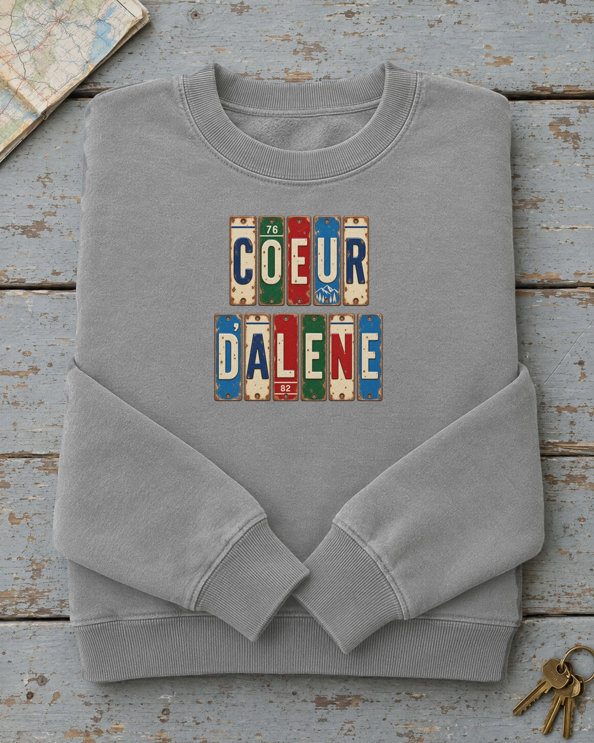 Coeur d'Alene, Idaho vintage license plate sweatshirt in Grey