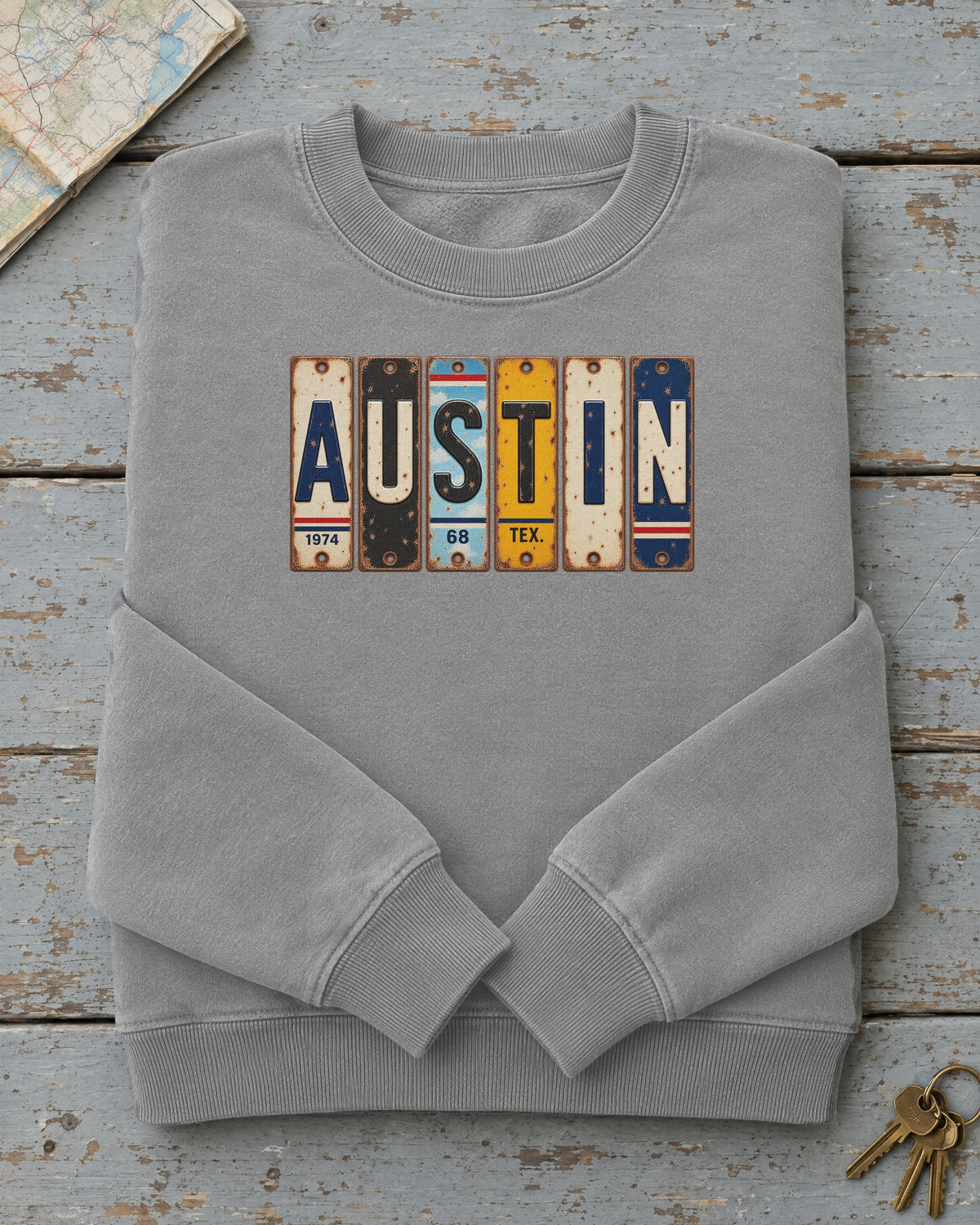 Austin, Texas vintage license plate sweatshirt in Grey
