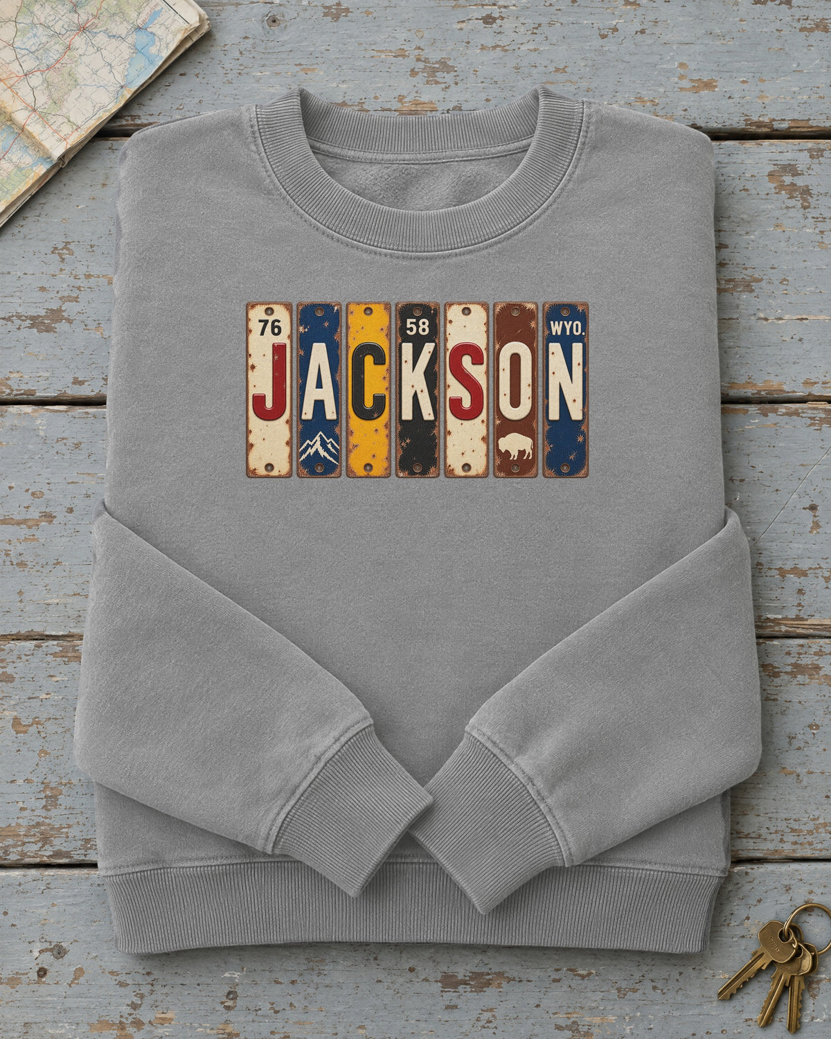 Jackson, Wyoming vintage license plate sweatshirt in Grey