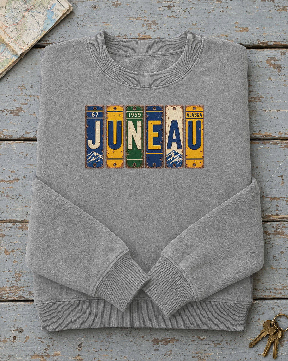 Juneau, Alaska vintage license plate sweatshirt in Grey