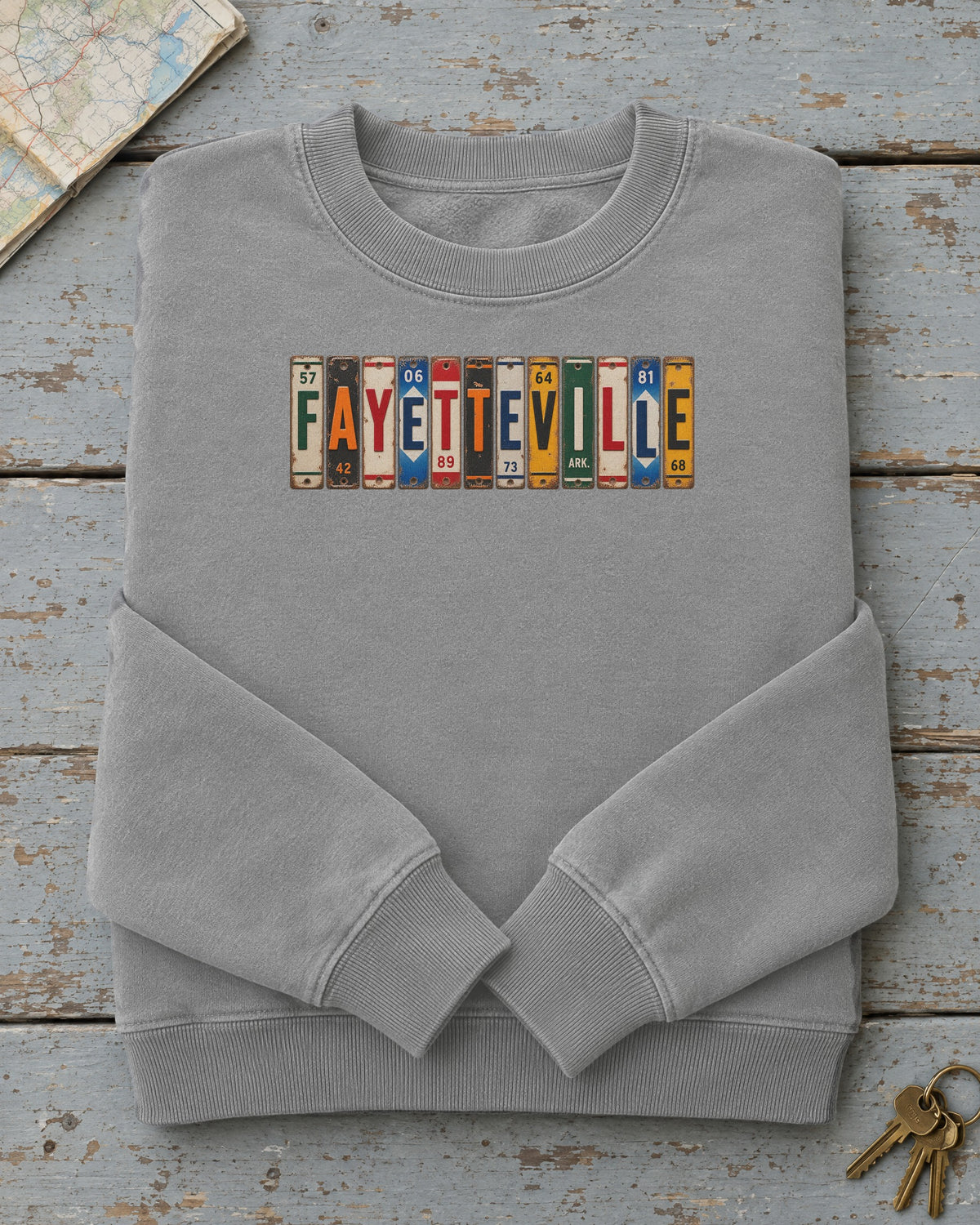 Fayetteville, Arkansas vintage license plate sweatshirt in Grey