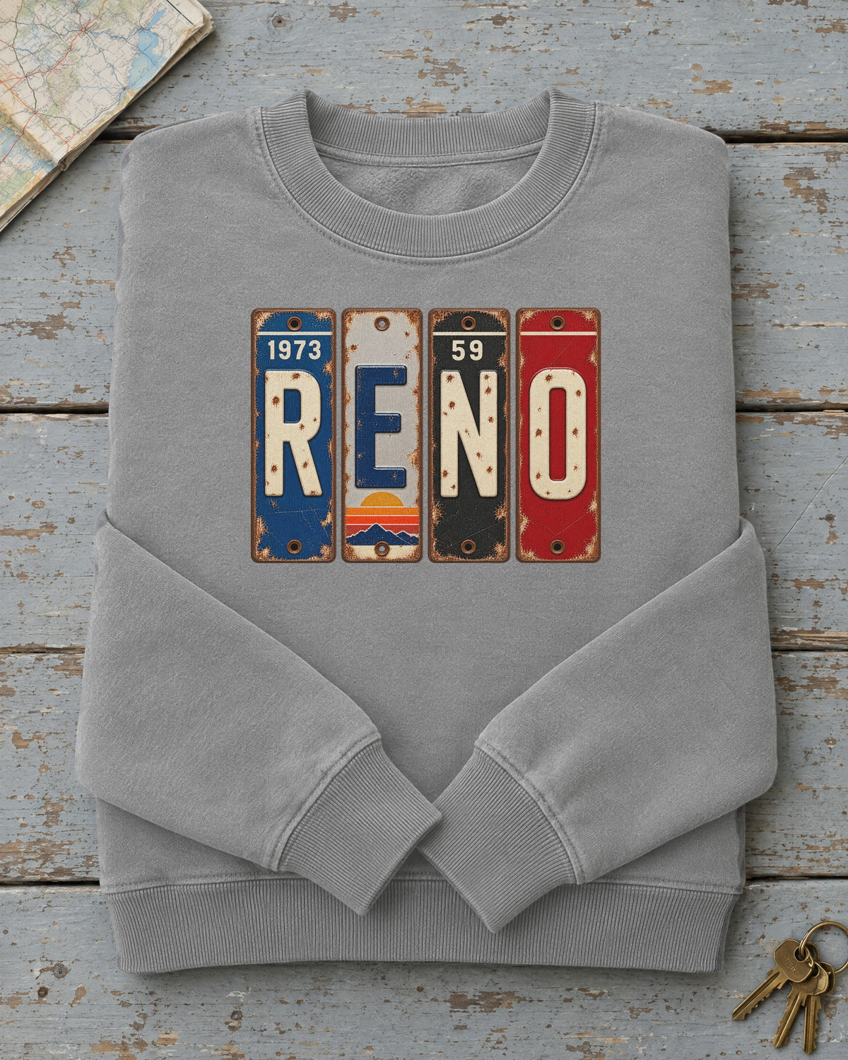 Reno, Nevada vintage license plate sweatshirt in Grey