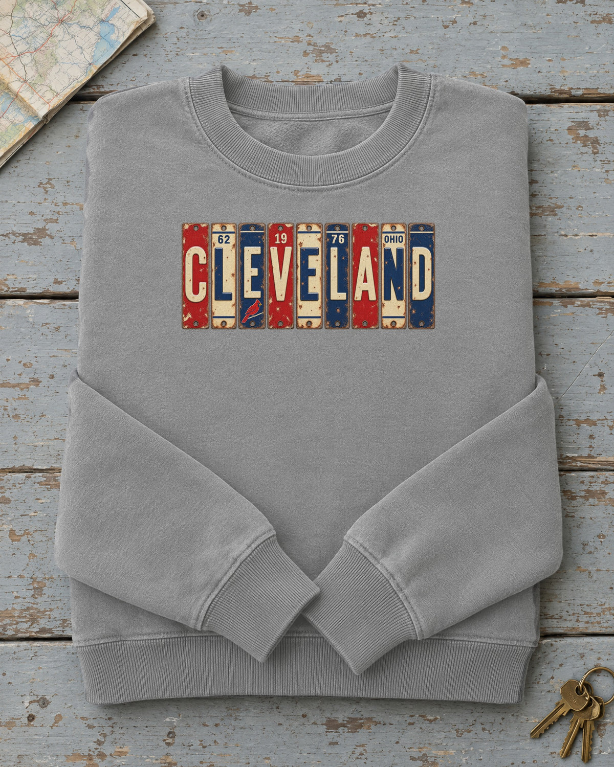 Cleveland, Ohio vintage license plate sweatshirt in Grey