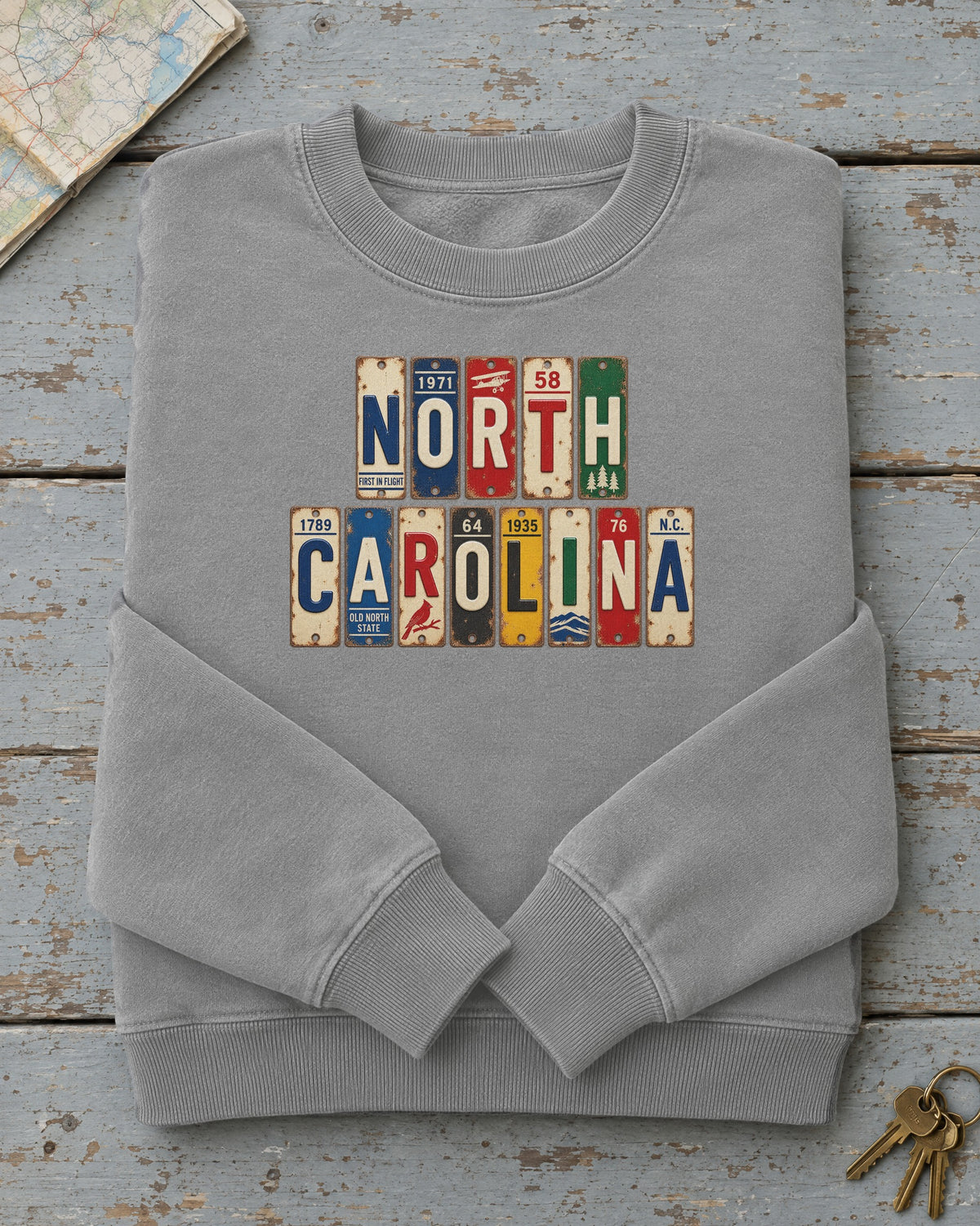 North Carolina vintage license plate sweatshirt in Grey