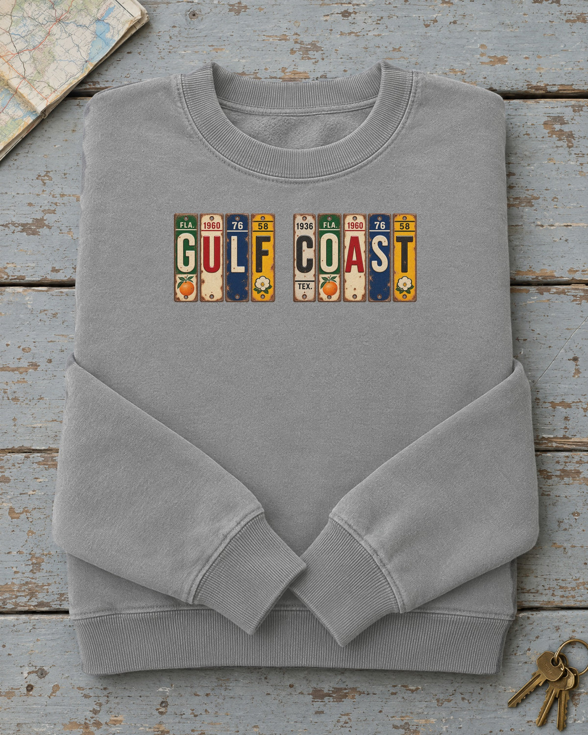 Gulf Coast vintage license plate sweatshirt in Grey
