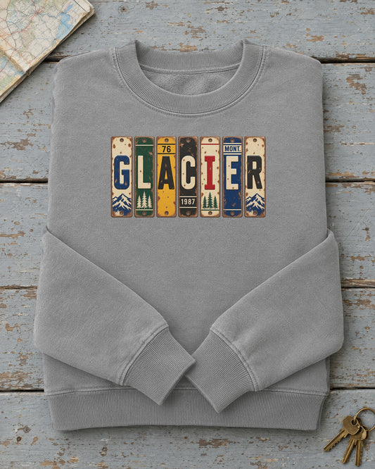 Glacier, Montana vintage license plate sweatshirt in Grey
