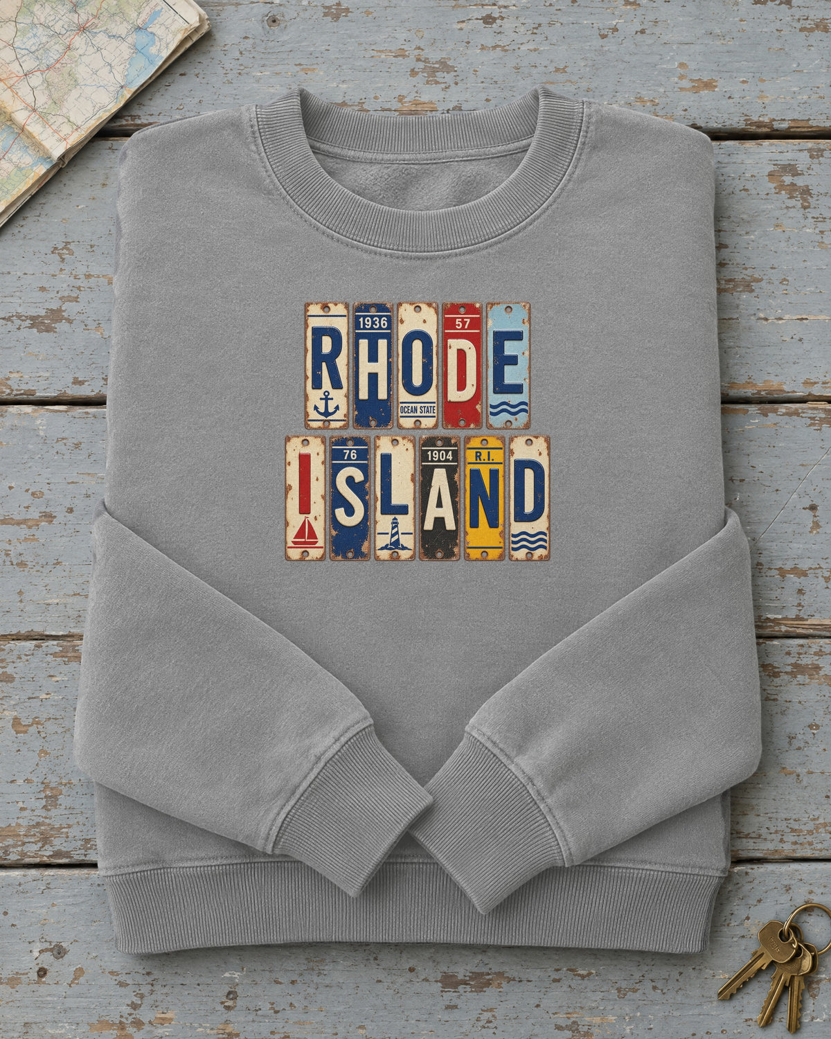 Rhode Island vintage license plate sweatshirt in Grey