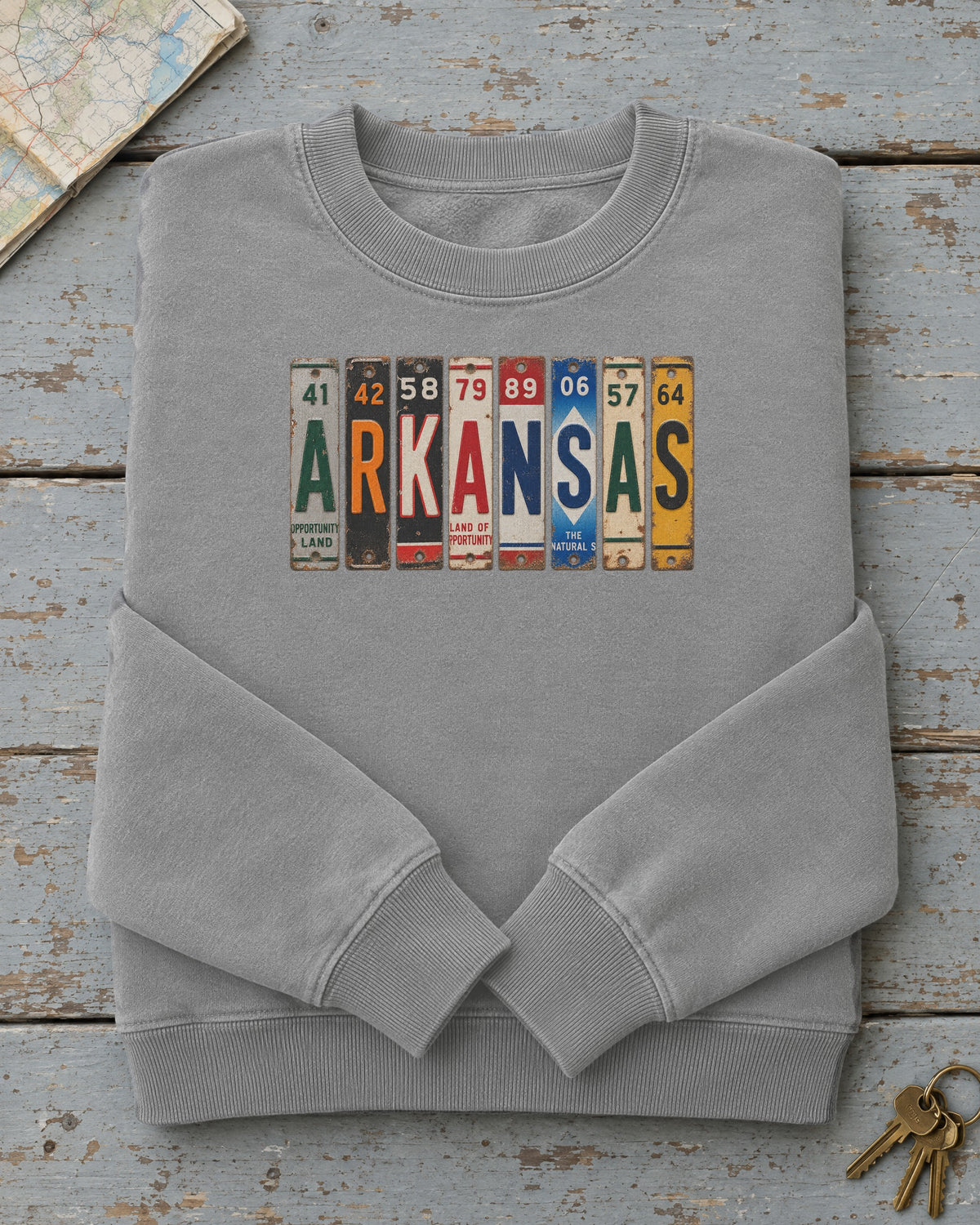 Arkansas vintage license plate sweatshirt in Grey