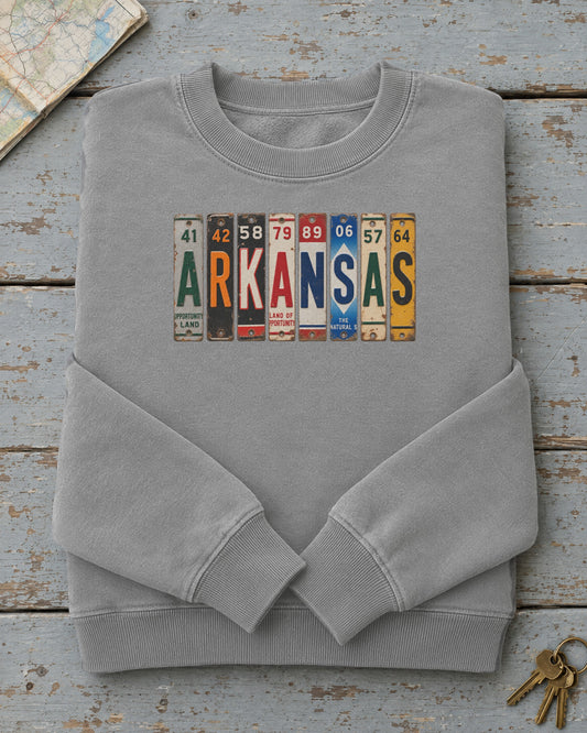 Arkansas vintage license plate sweatshirt in Grey