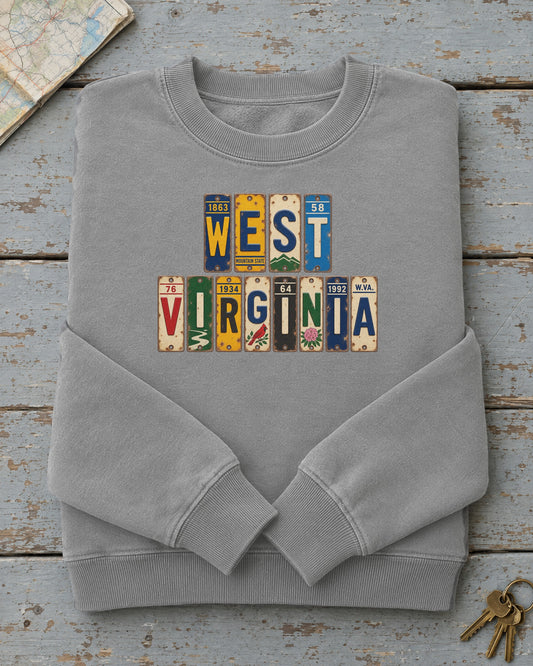 West Virginia vintage license plate sweatshirt in Grey