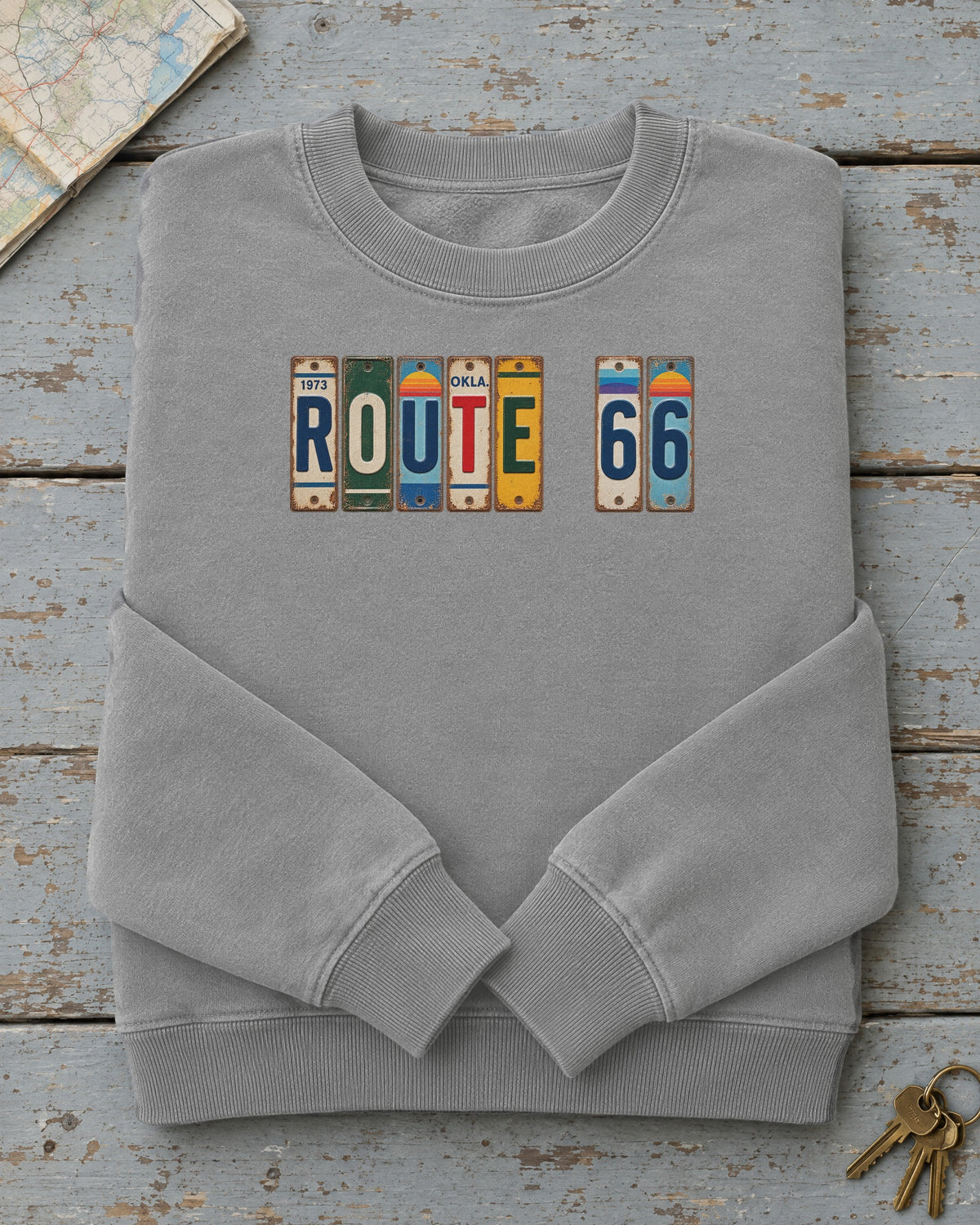 Route 66, Oklahoma vintage license plate sweatshirt in Grey