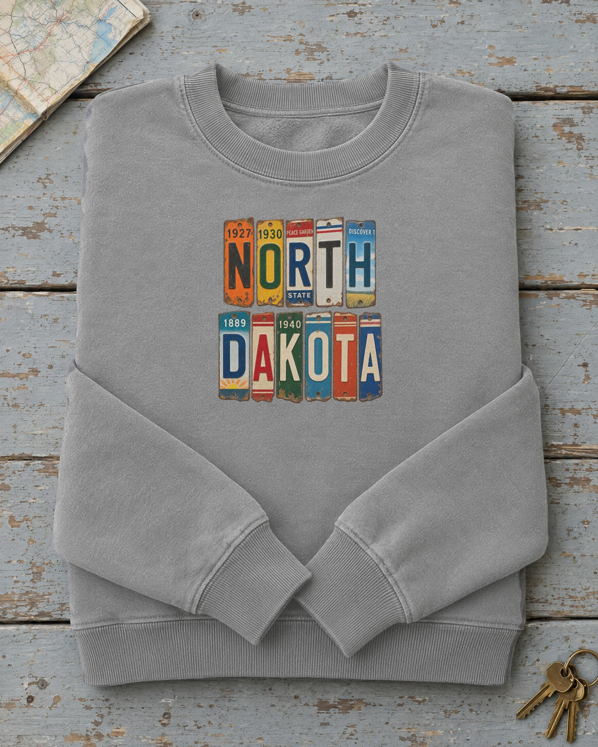 North Dakota vintage license plate sweatshirt in Grey