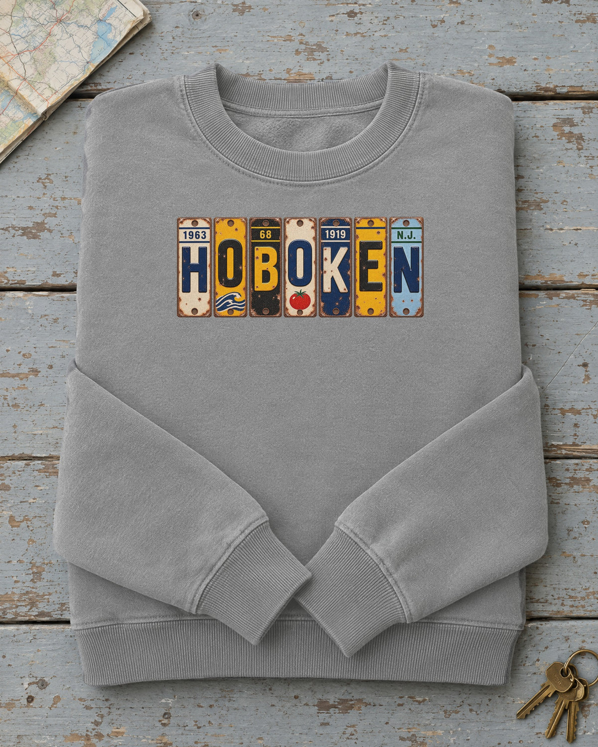 Hoboken, New Jersey vintage license plate sweatshirt in Grey