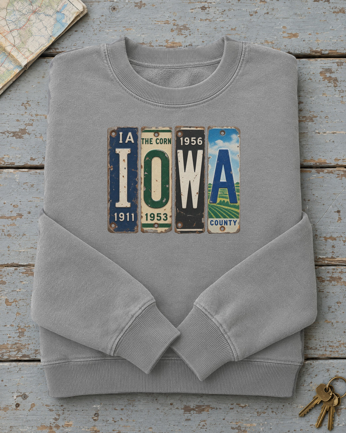 Iowa vintage license plate sweatshirt in Grey