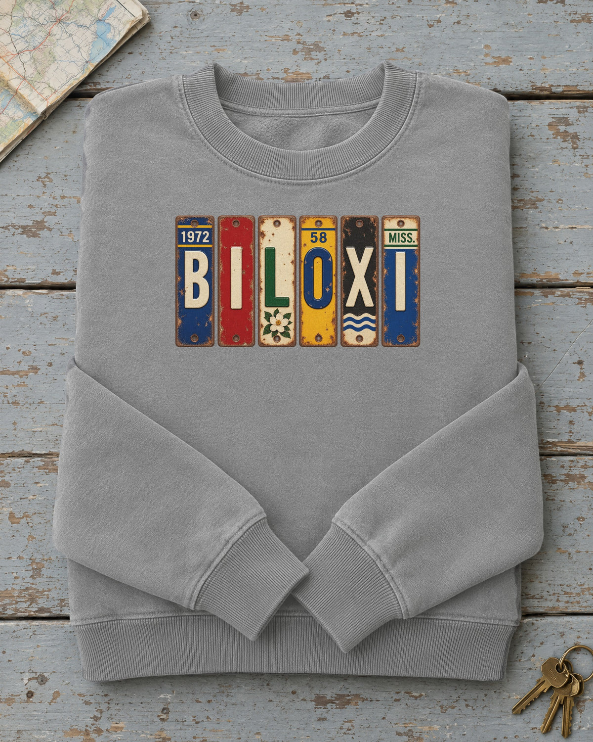 Biloxi, Mississippi vintage license plate sweatshirt in Grey