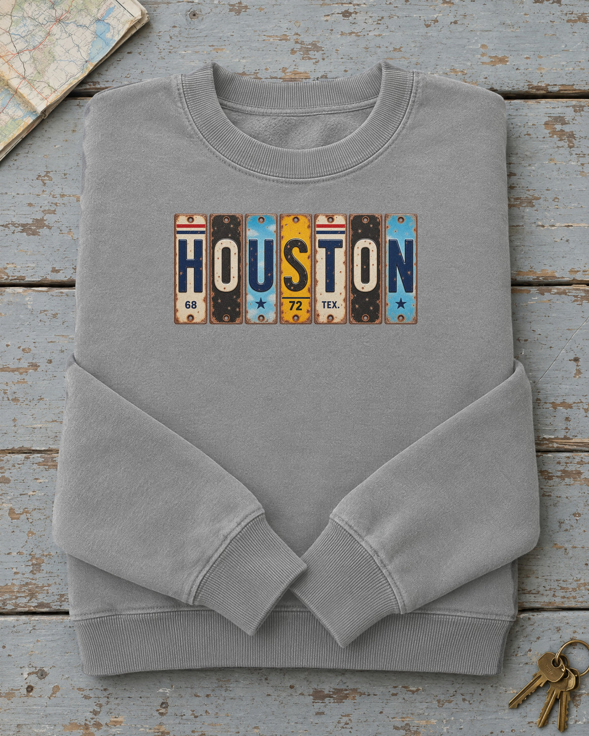 Houston, Texas vintage license plate sweatshirt in Grey