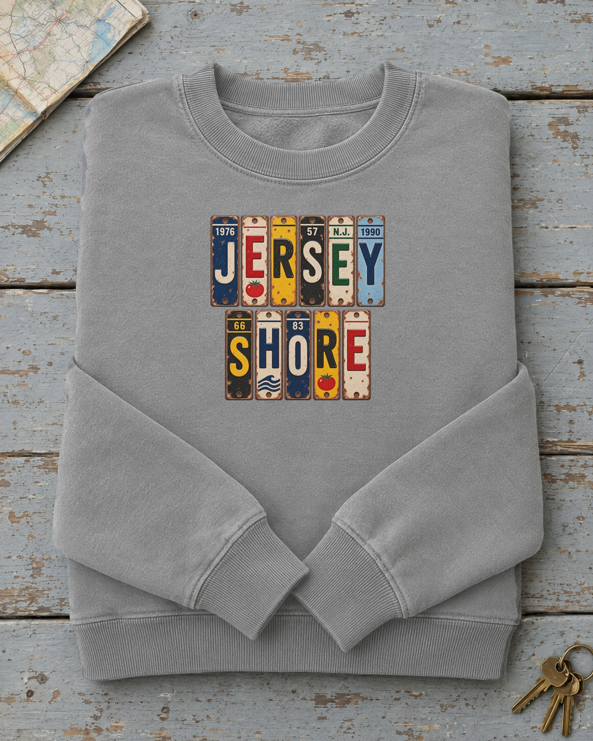 Jersey Shore, New Jersey vintage license plate sweatshirt in Grey
