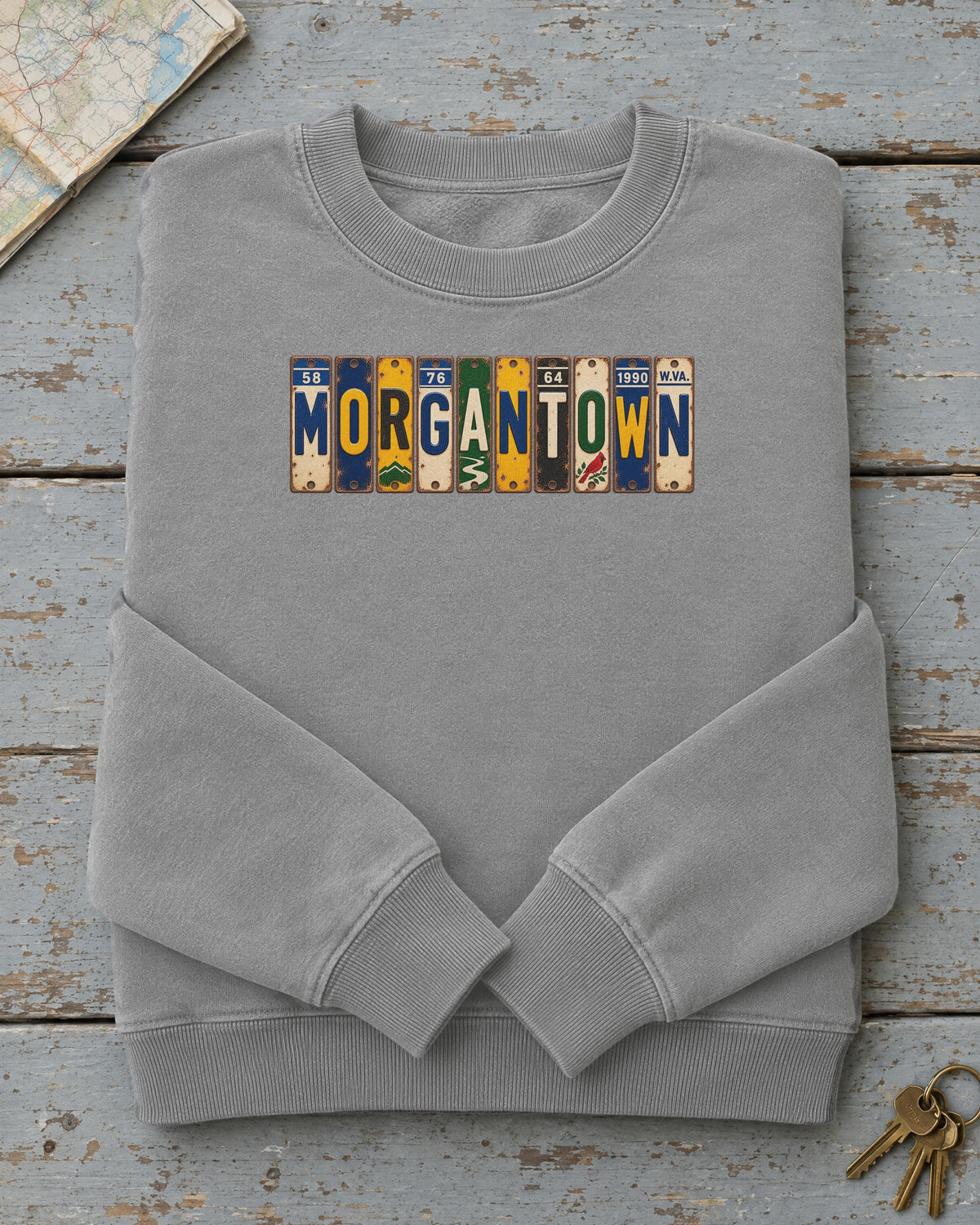 Morgantown, West Virginia vintage license plate sweatshirt in Grey