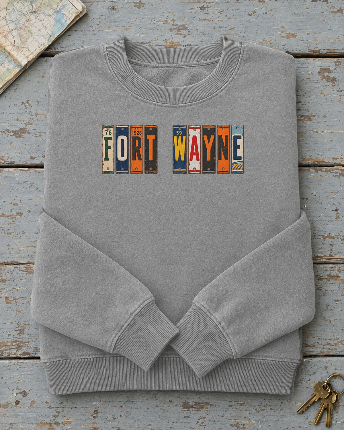 Fort Wayne, Indiana vintage license plate sweatshirt in Grey