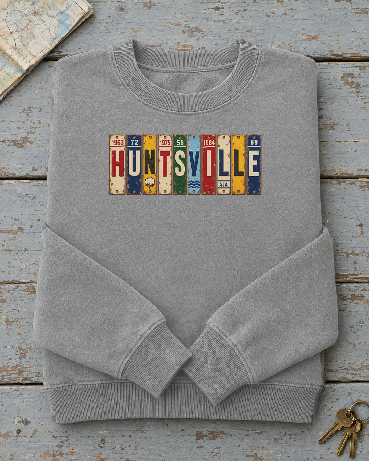 Huntsville, Alabama vintage license plate sweatshirt in Grey