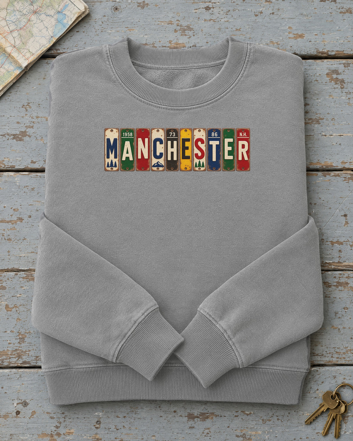 Manchester, New Hampshire vintage license plate sweatshirt in Grey