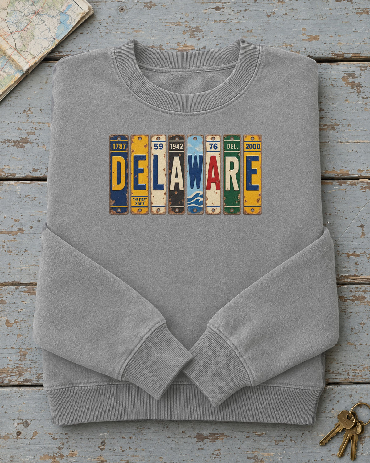 Delaware vintage license plate sweatshirt in Grey