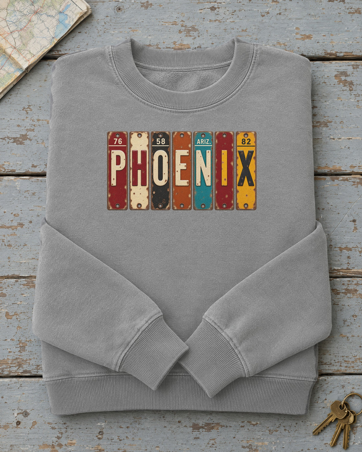 Phoenix, Arizona vintage license plate sweatshirt in Grey