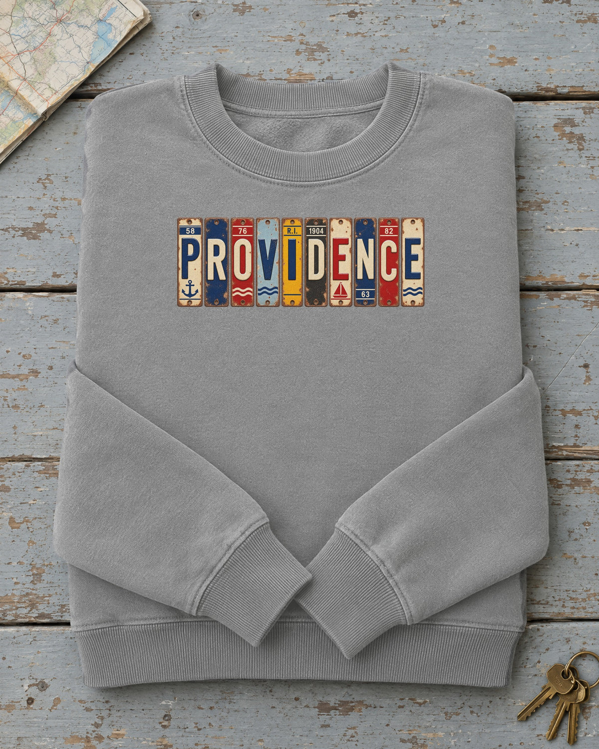 Providence, Rhode Island vintage license plate sweatshirt in Grey