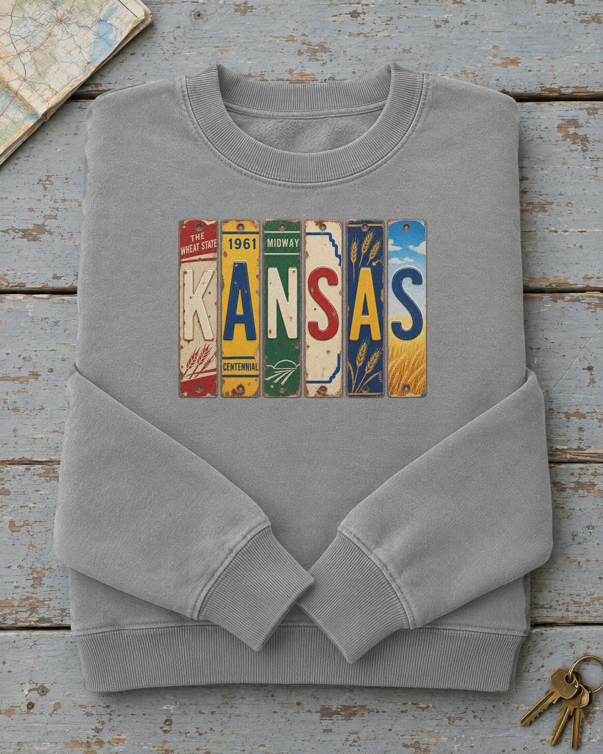 Kansas vintage license plate sweatshirt in Grey