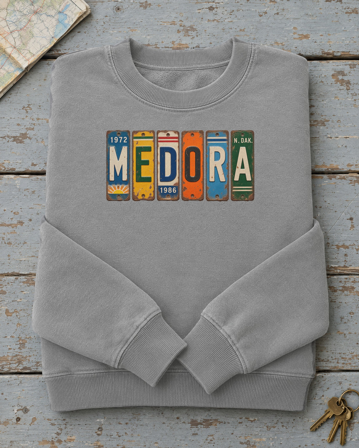 Medora, North Dakota vintage license plate sweatshirt in Grey
