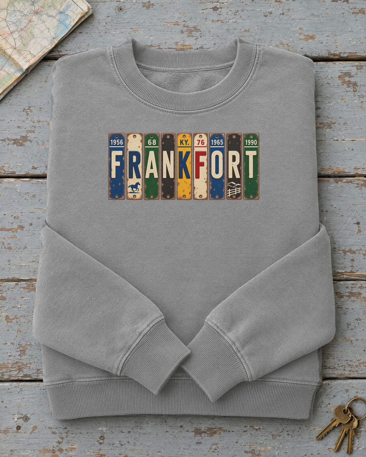 Frankfort, Kentucky vintage license plate sweatshirt in Grey