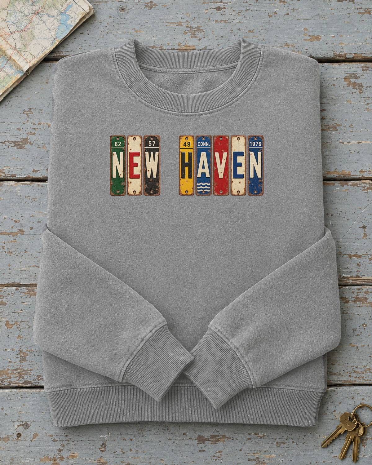 New Haven, Connecticut vintage license plate sweatshirt in Grey