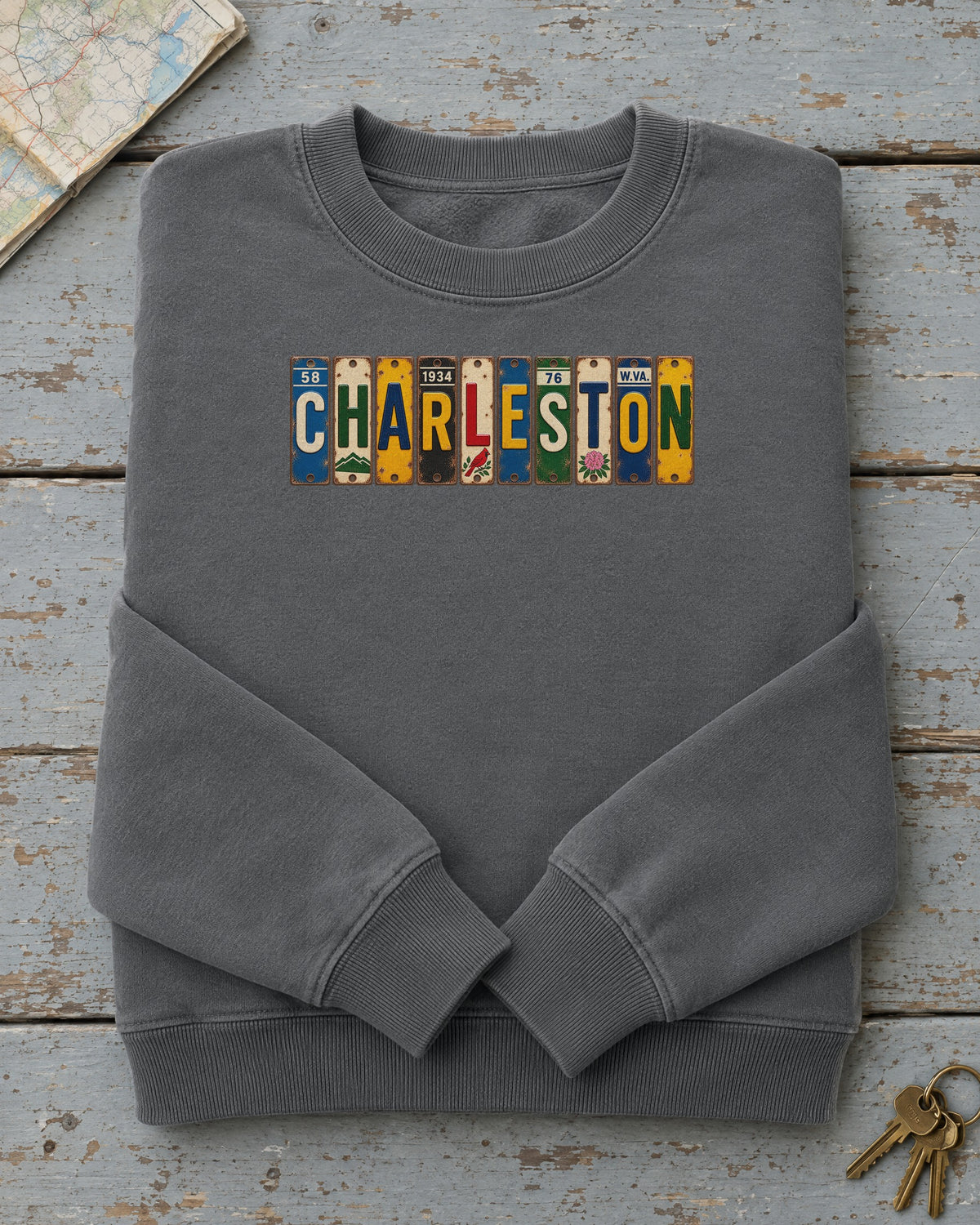 Charleston, West Virginia vintage license plate sweatshirt in Pepper