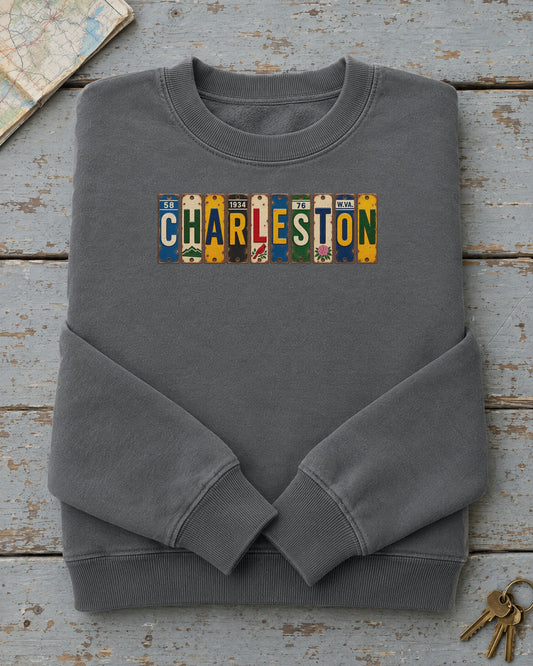 Charleston, West Virginia vintage license plate sweatshirt in Pepper