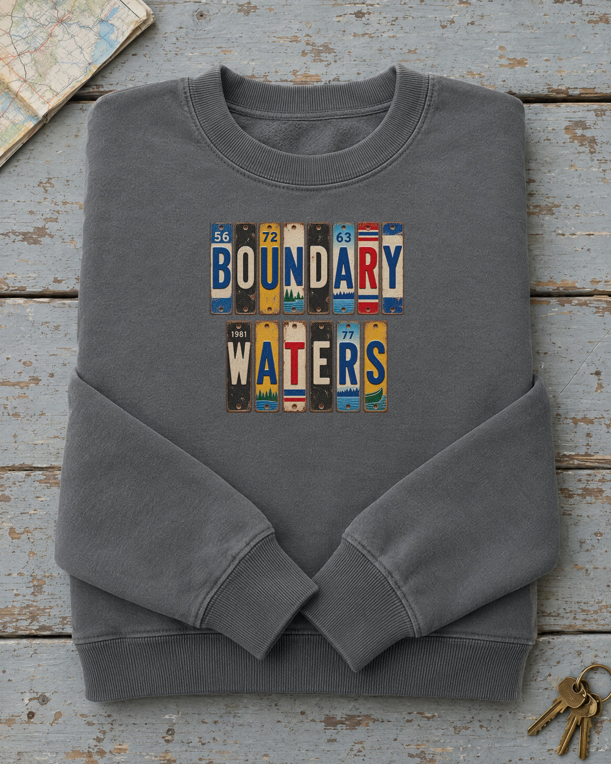 Boundary Waters, Minnesota vintage license plate sweatshirt in Pepper