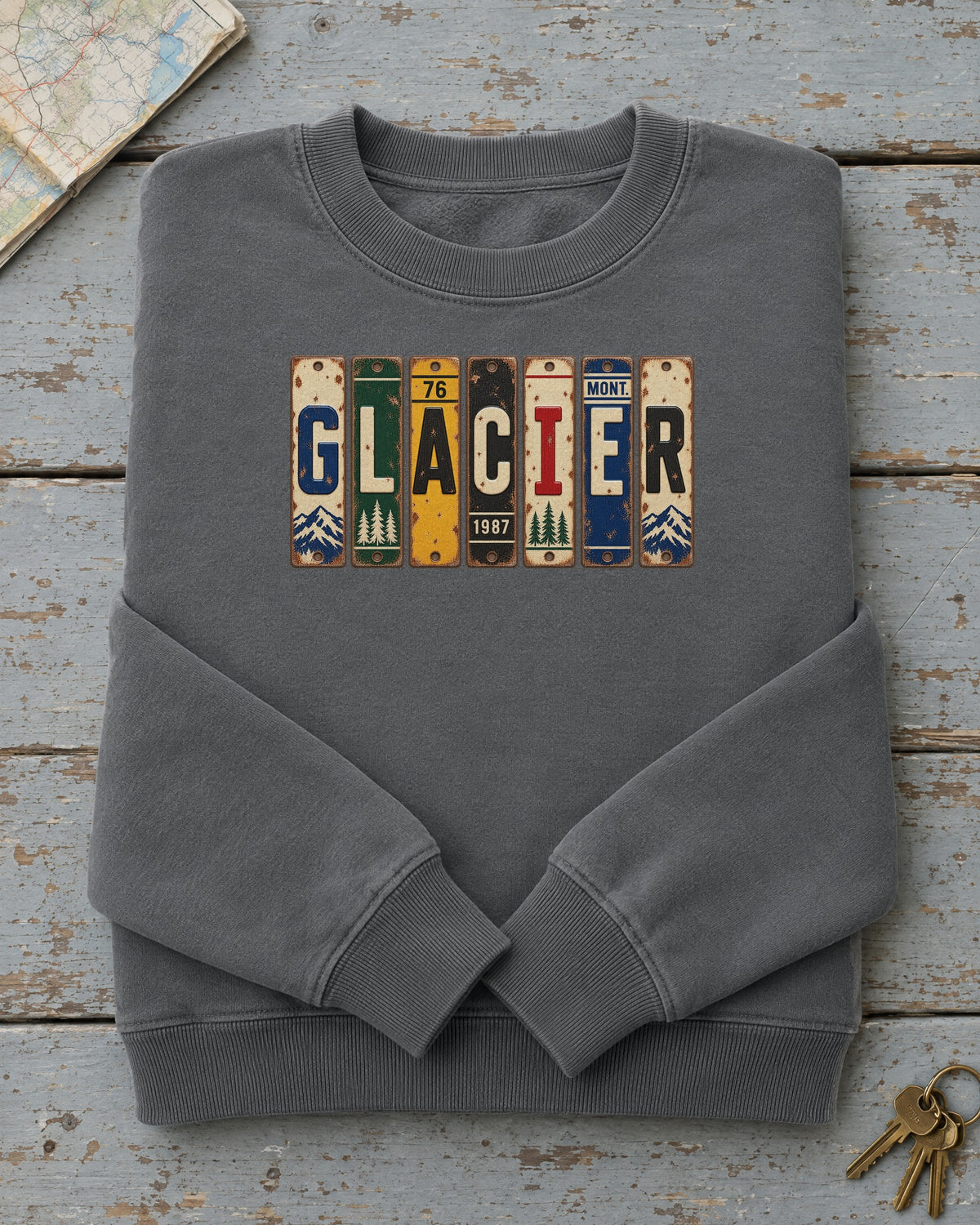 Glacier, Montana vintage license plate sweatshirt in Pepper