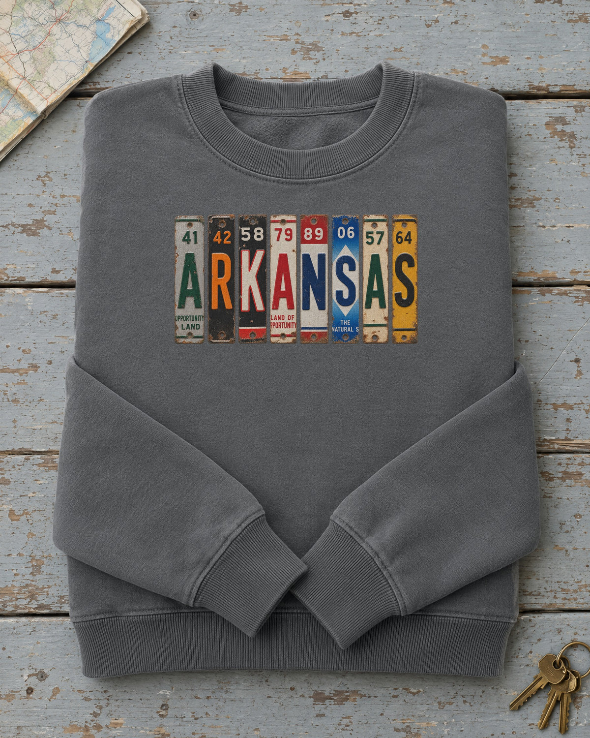 Arkansas vintage license plate sweatshirt in Pepper