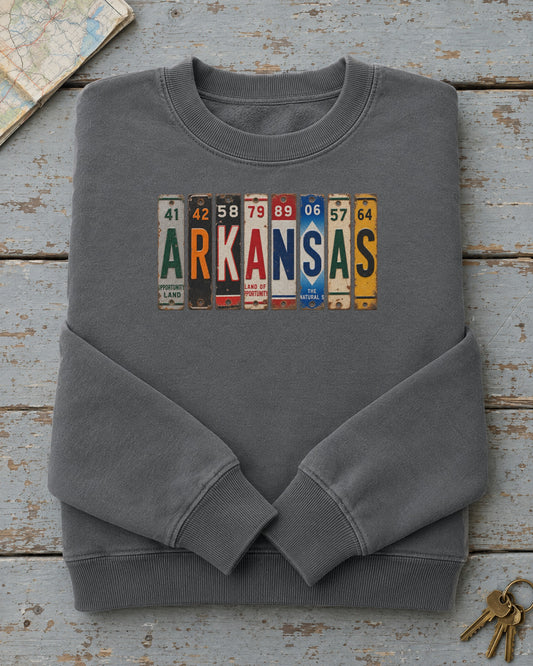 Arkansas vintage license plate sweatshirt in Pepper