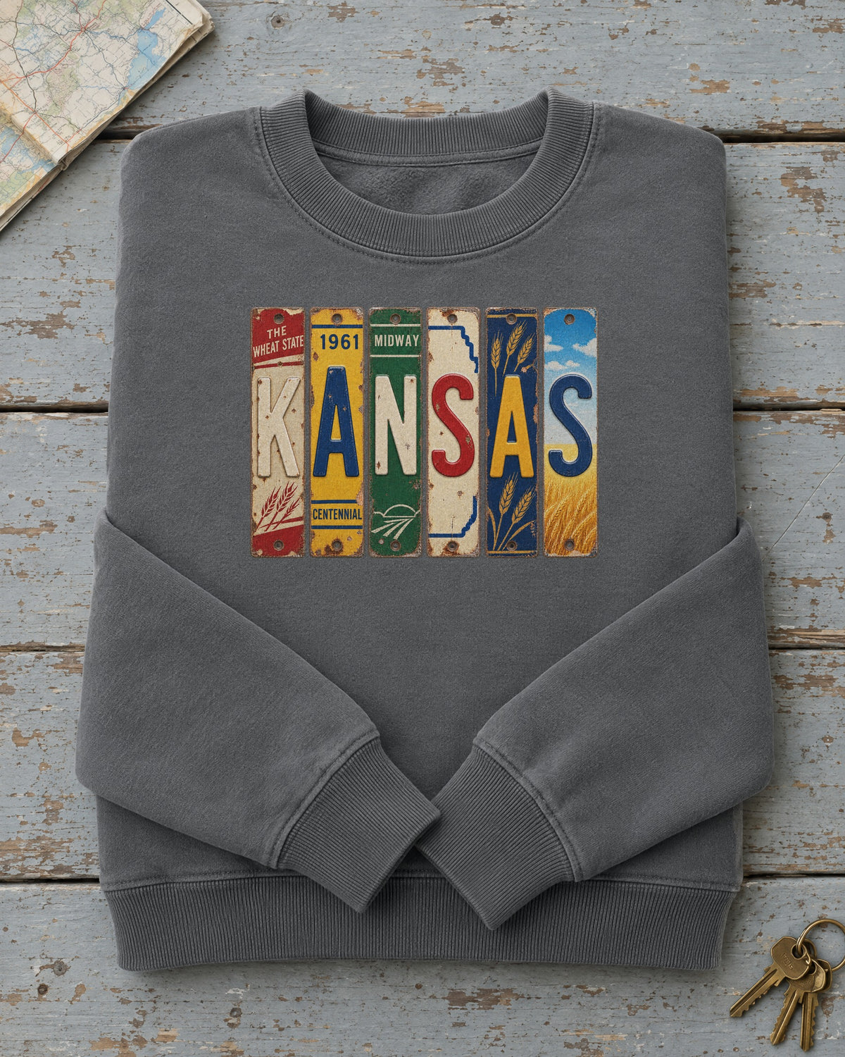 Kansas vintage license plate sweatshirt in Pepper