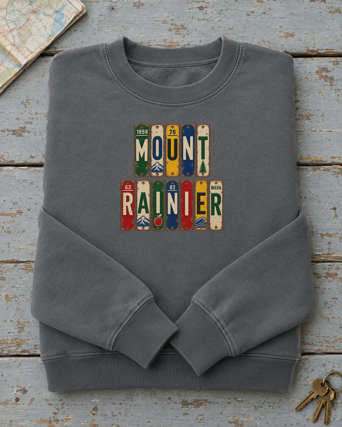 Mount Rainier, Washington vintage license plate sweatshirt in Pepper