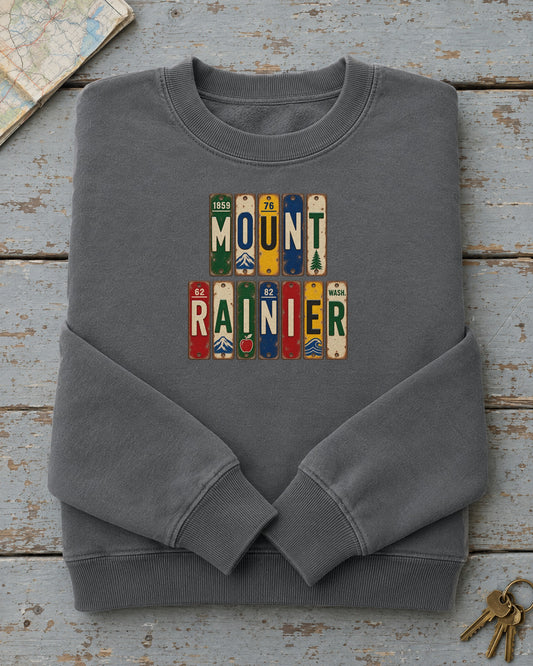 Mount Rainier, Washington vintage license plate sweatshirt in Pepper