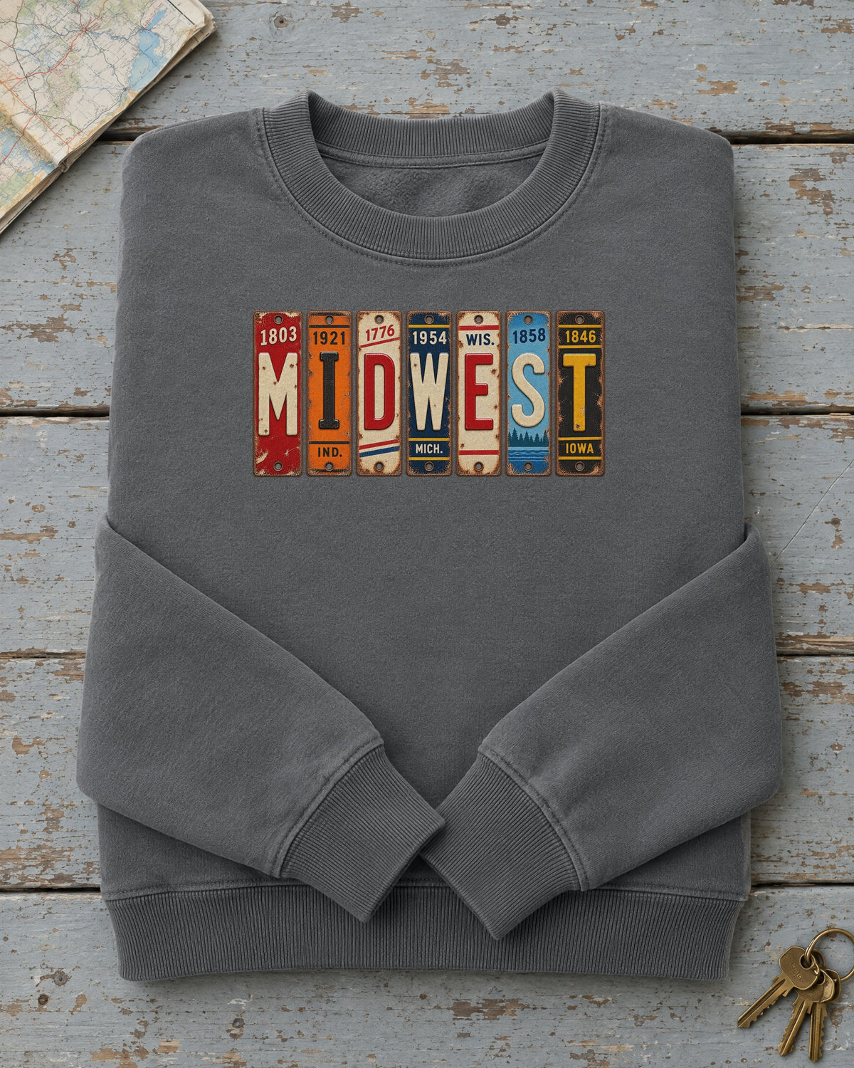Midwest vintage license plate sweatshirt in Pepper