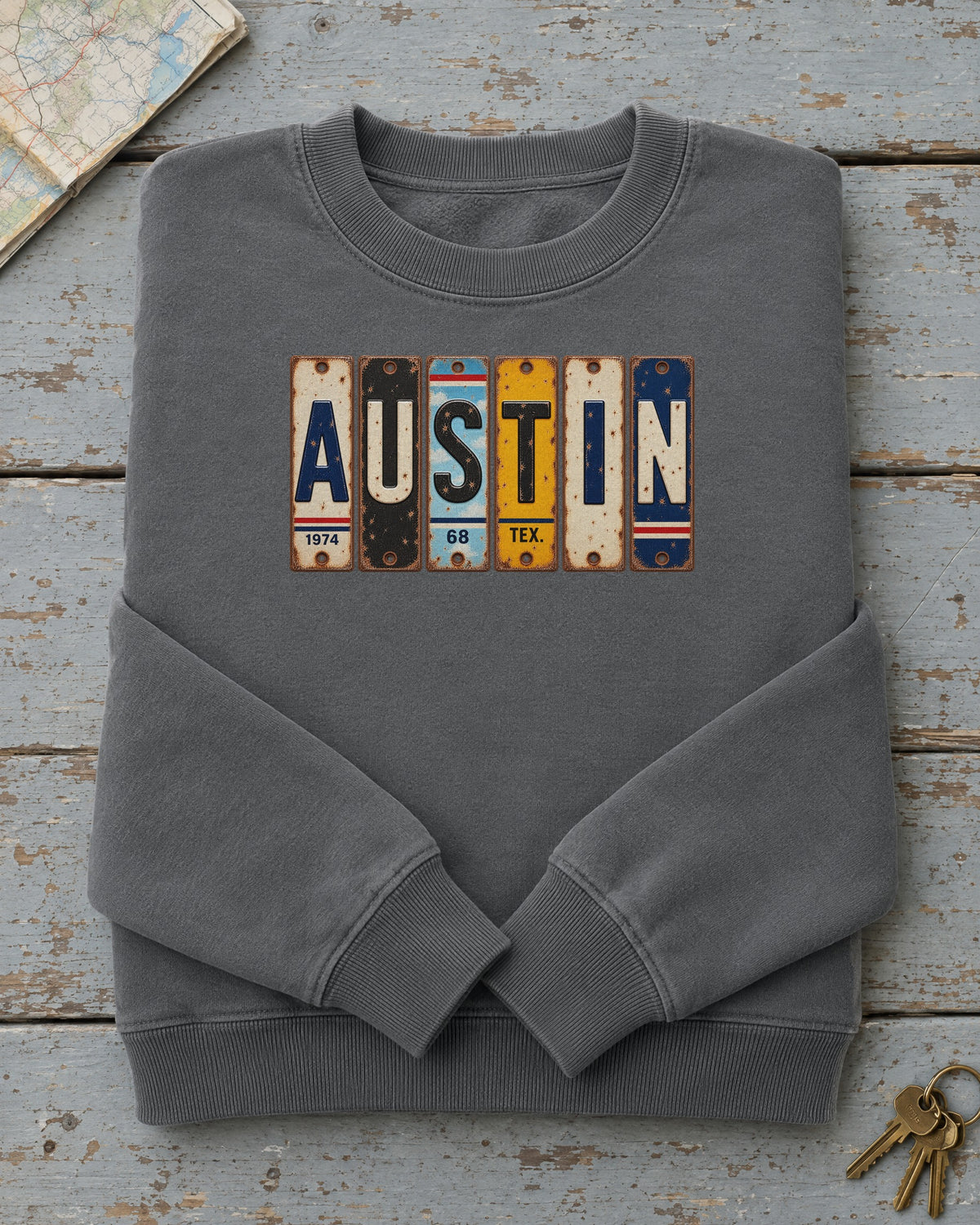 Austin, Texas vintage license plate sweatshirt in Pepper