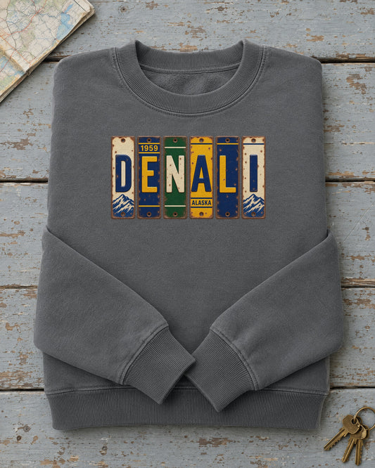 Denali, Alaska vintage license plate sweatshirt in Pepper