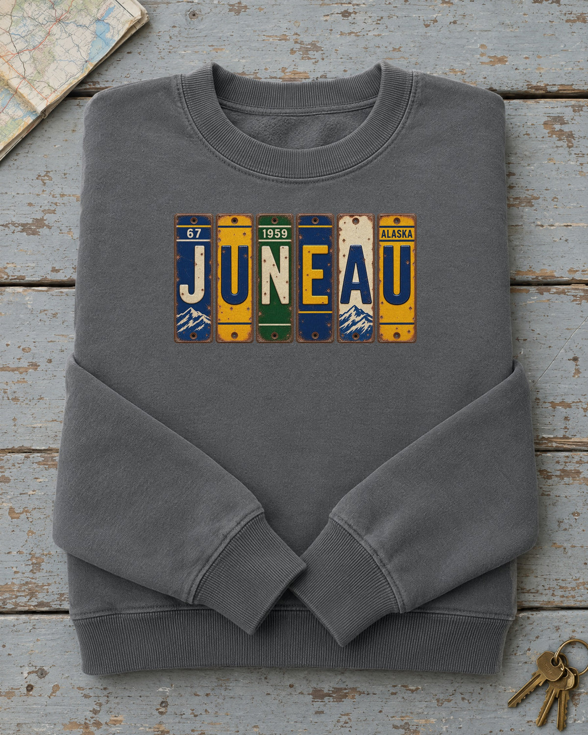 Juneau, Alaska vintage license plate sweatshirt in Pepper