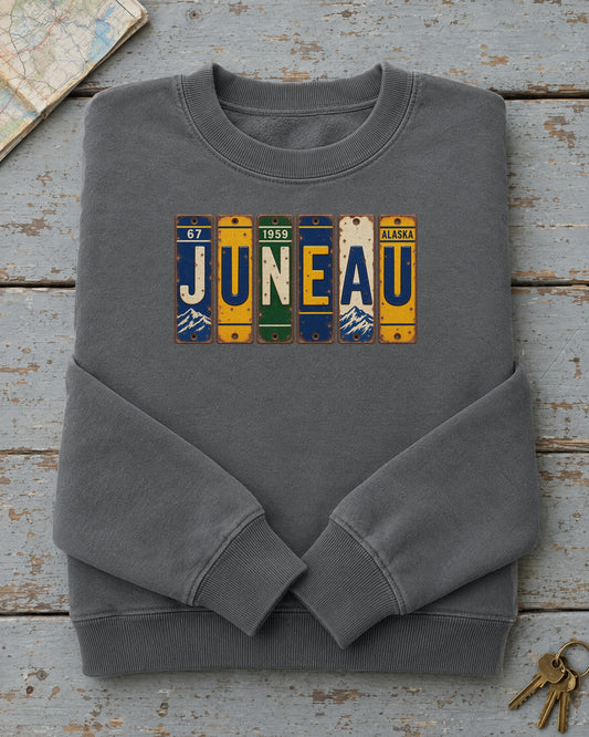 Juneau, Alaska vintage license plate sweatshirt in Pepper