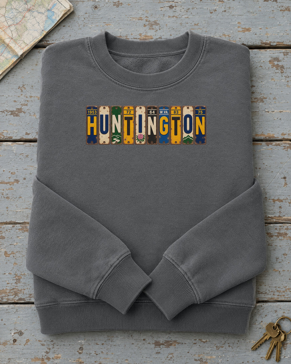 Huntington, West Virginia vintage license plate sweatshirt in Pepper